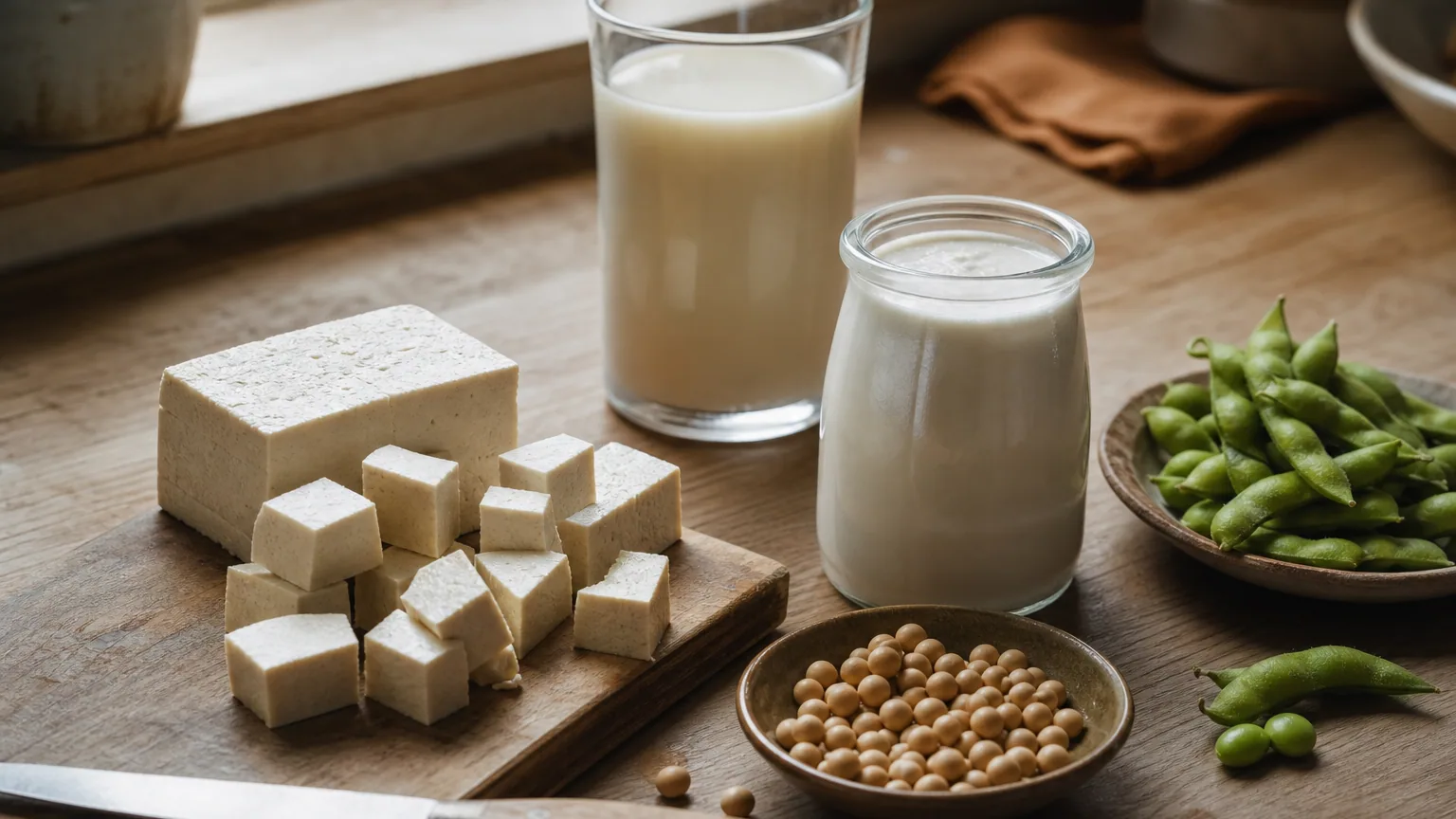 Dés de tofu sur une planche, verre de boisson au soja, pot de yaourt végétal et coupelle de graines de soja sur un plan de travail en bois.