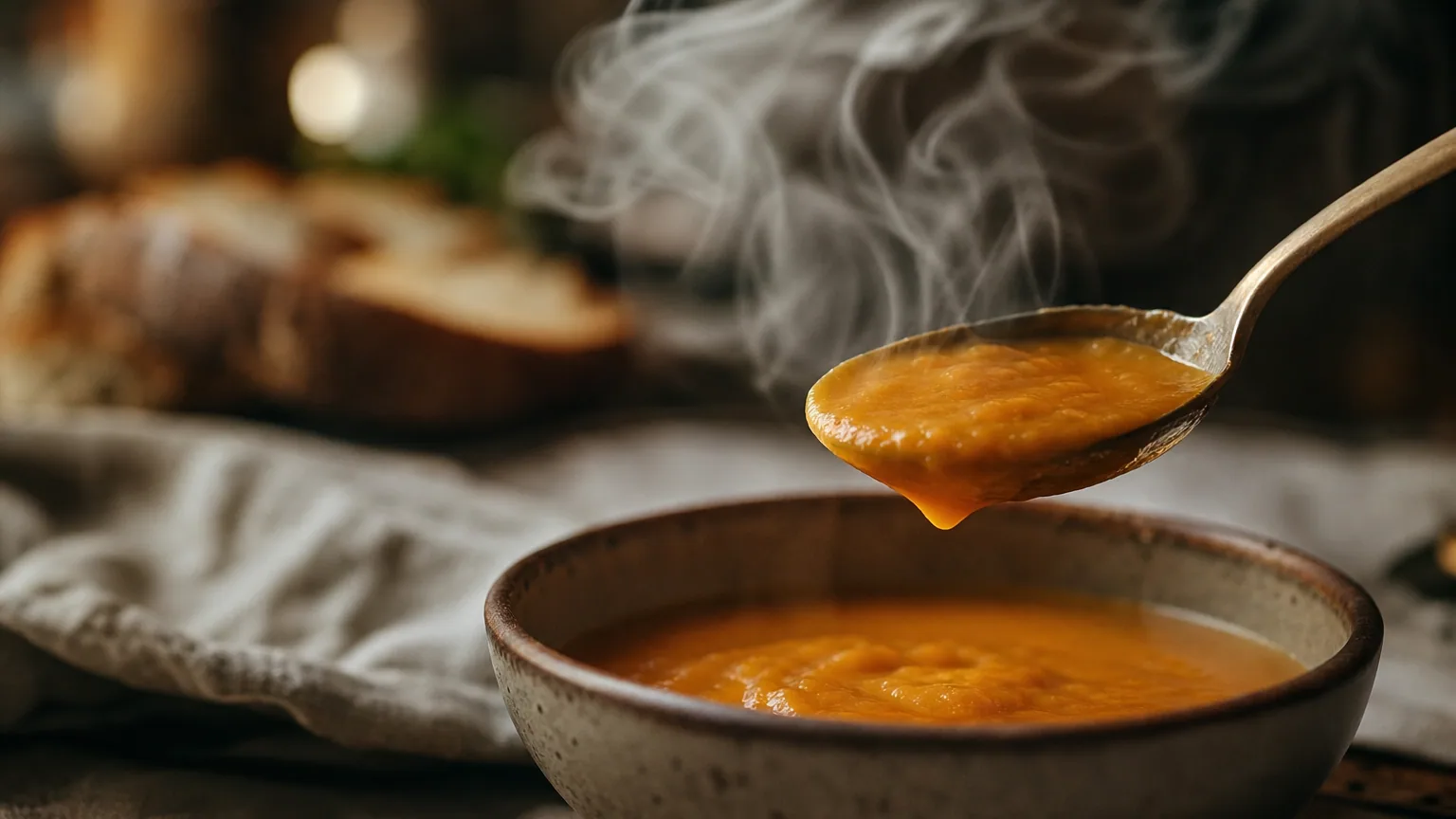 Cuillère de velouté orange fumant levée au-dessus d'un bol en céramique, la vapeur s'élevant en volutes dans une cuisine chaleureuse.