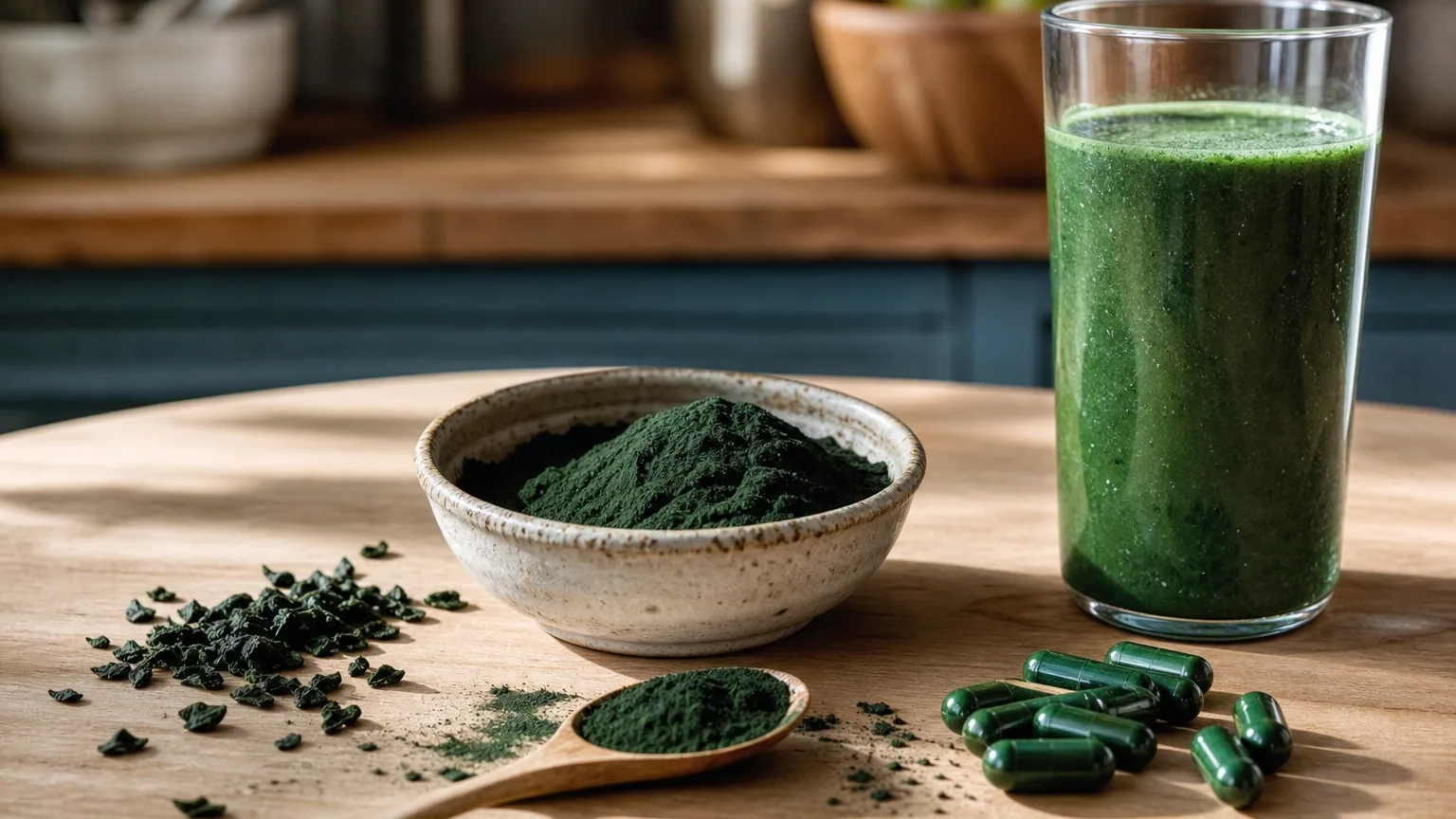 Coupelle de poudre de spiruline vert foncé, paillettes et gélules posées sur une table en bois près d'un verre de jus vert.