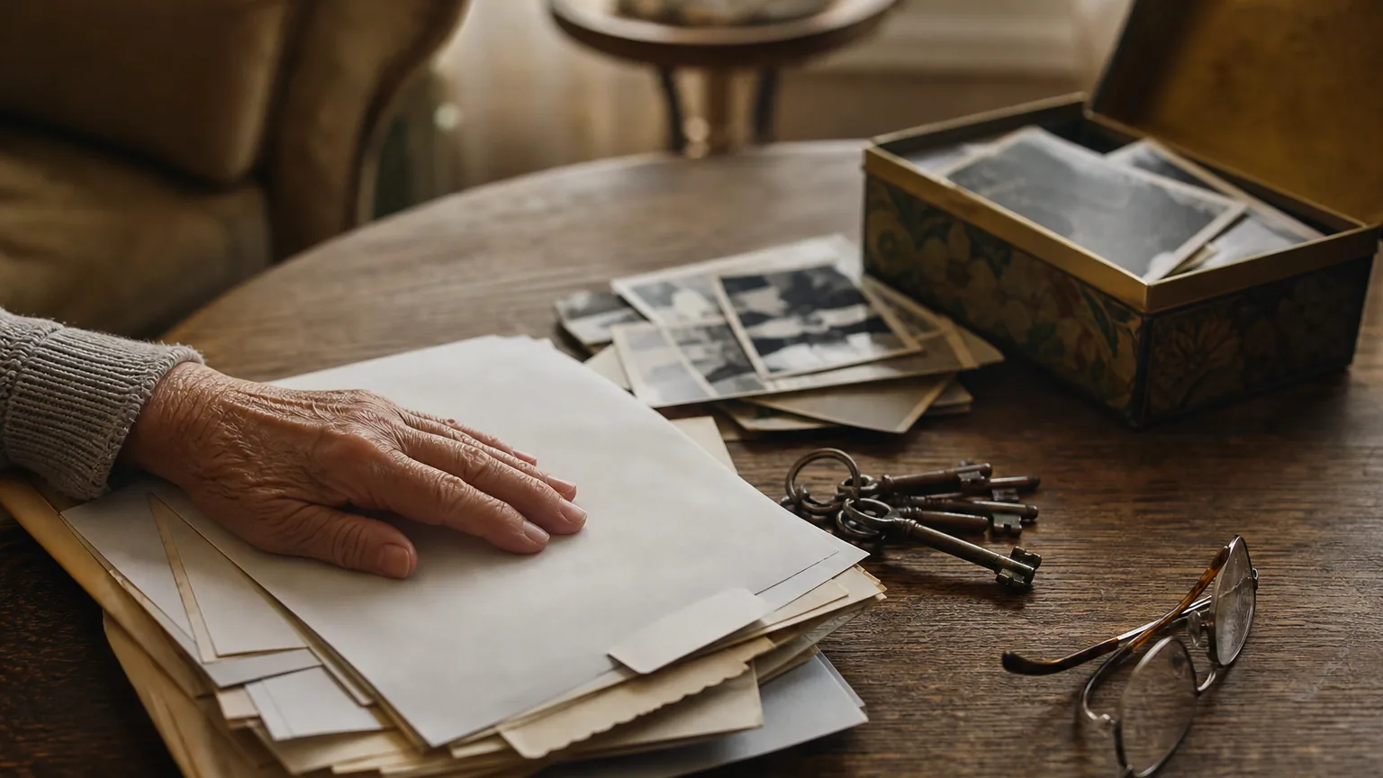 Main posée sur une pile de documents, à côté de lunettes de lecture, d'un trousseau de clés et d'une boîte de vieilles photographies, sur une table en bois.