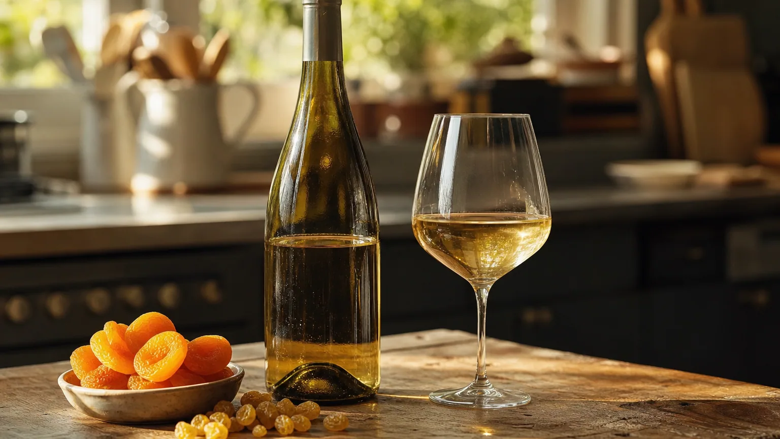 Verre de vin blanc et bouteille posés sur une table à côté d'une coupelle d'abricots secs orangés, en lumière douce.