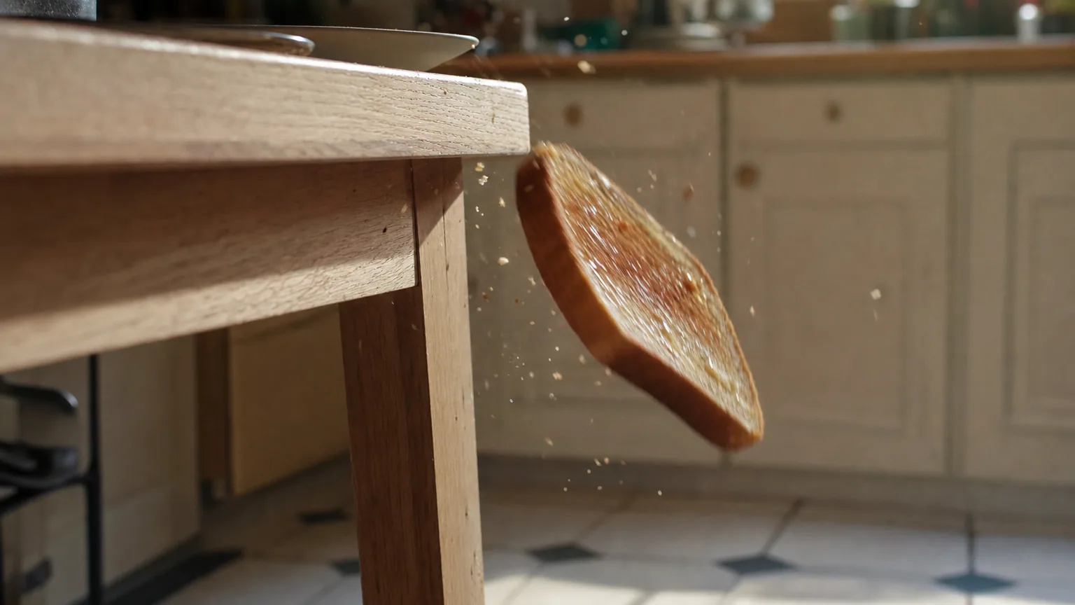 Une tartine beurrée bascule du bord d'une table en bois et tombe vers un sol carrelé.