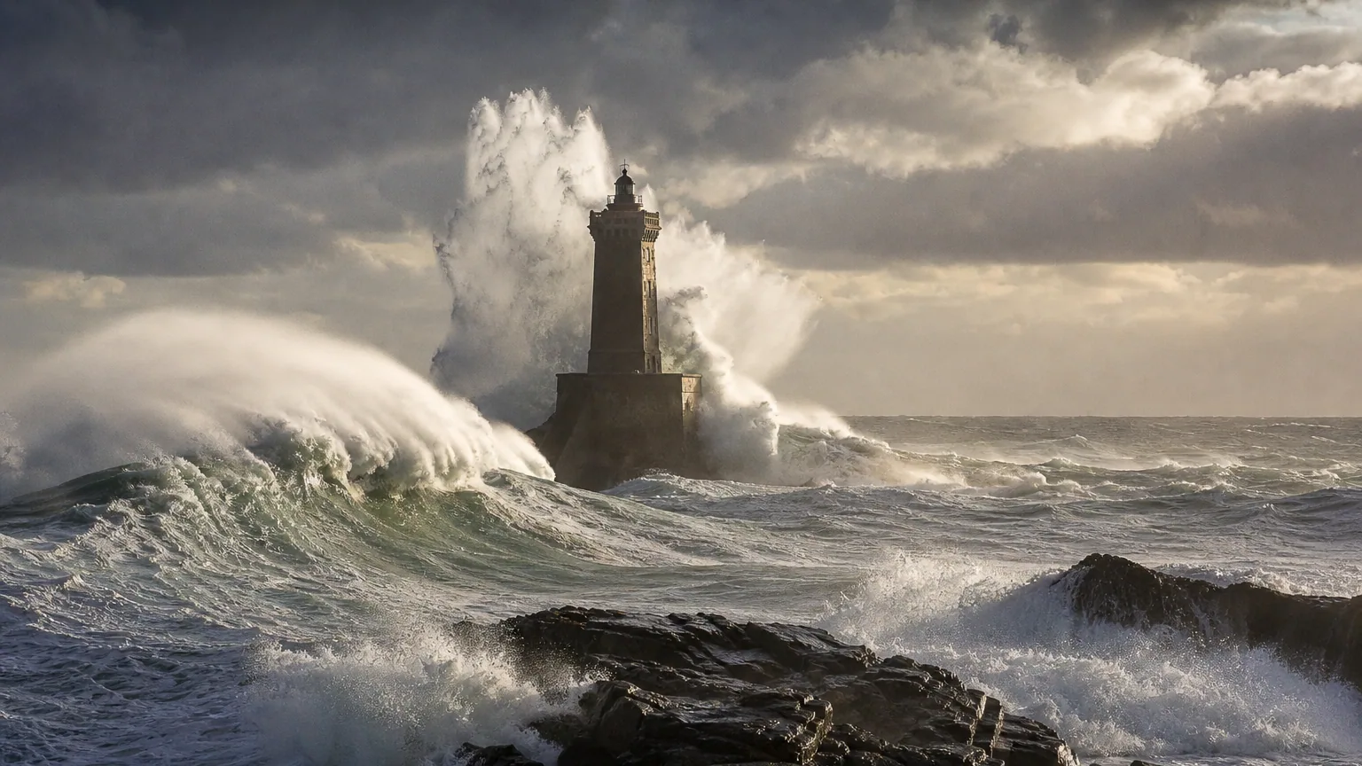 Énormes vagues se brisant contre un phare breton sous un ciel d'orage, écume projetée par un vent violent.