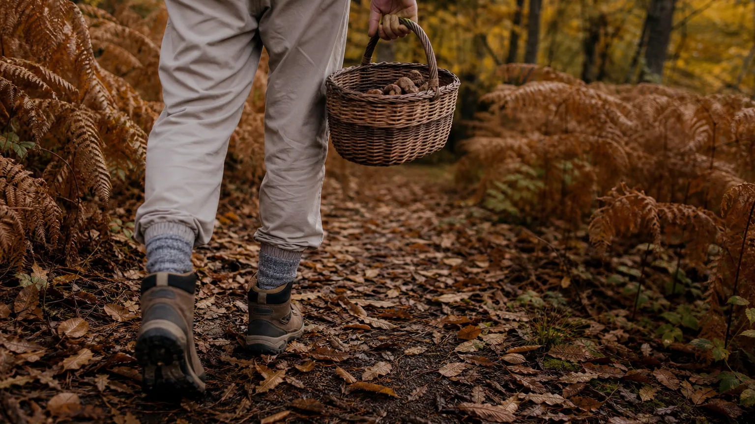 Promeneur en pantalon clair et chaussures de marche, panier de champignons à la main, sur un sentier forestier bordé de fougères rousses en automne.