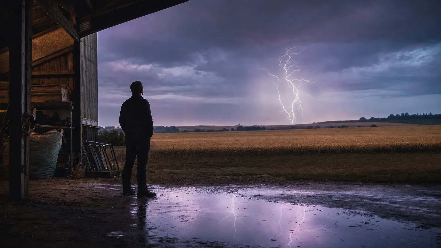 Un homme sous un auvent observe un éclair frapper l'horizon au-dessus de champs, par un soir d'orage.