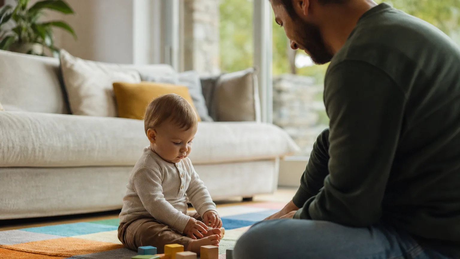 Bébé jouant assis sur un tapis d'éveil dans un salon lumineux, à côté d'un parent attentif, loin de tout escalier.
