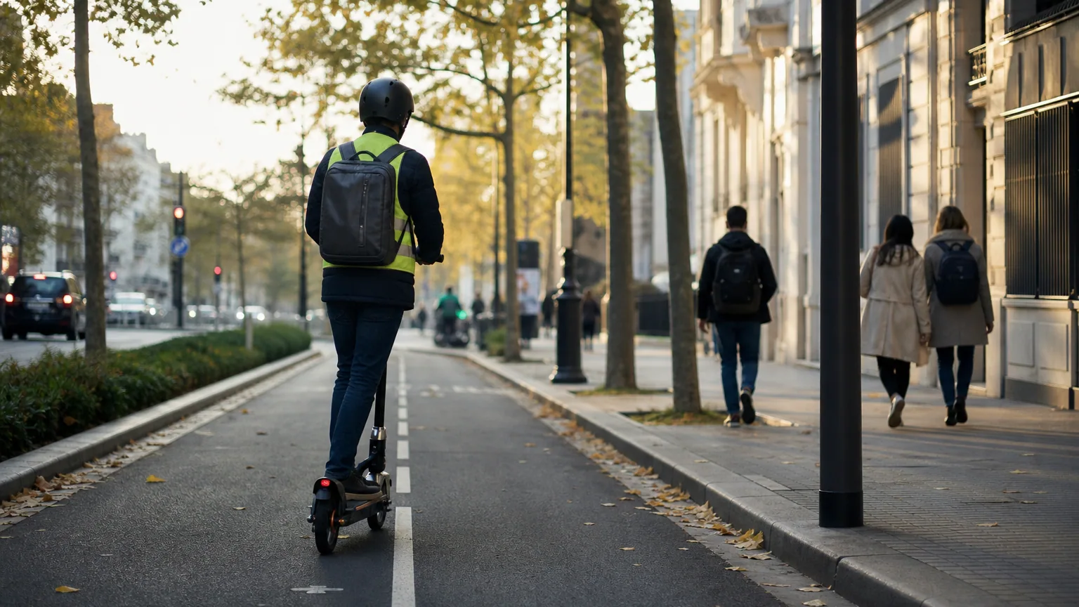 Usager vu de dos, casqué et équipé d'un gilet réfléchissant roulant en trottinette électrique sur une piste cyclable, dans une rue en automne.