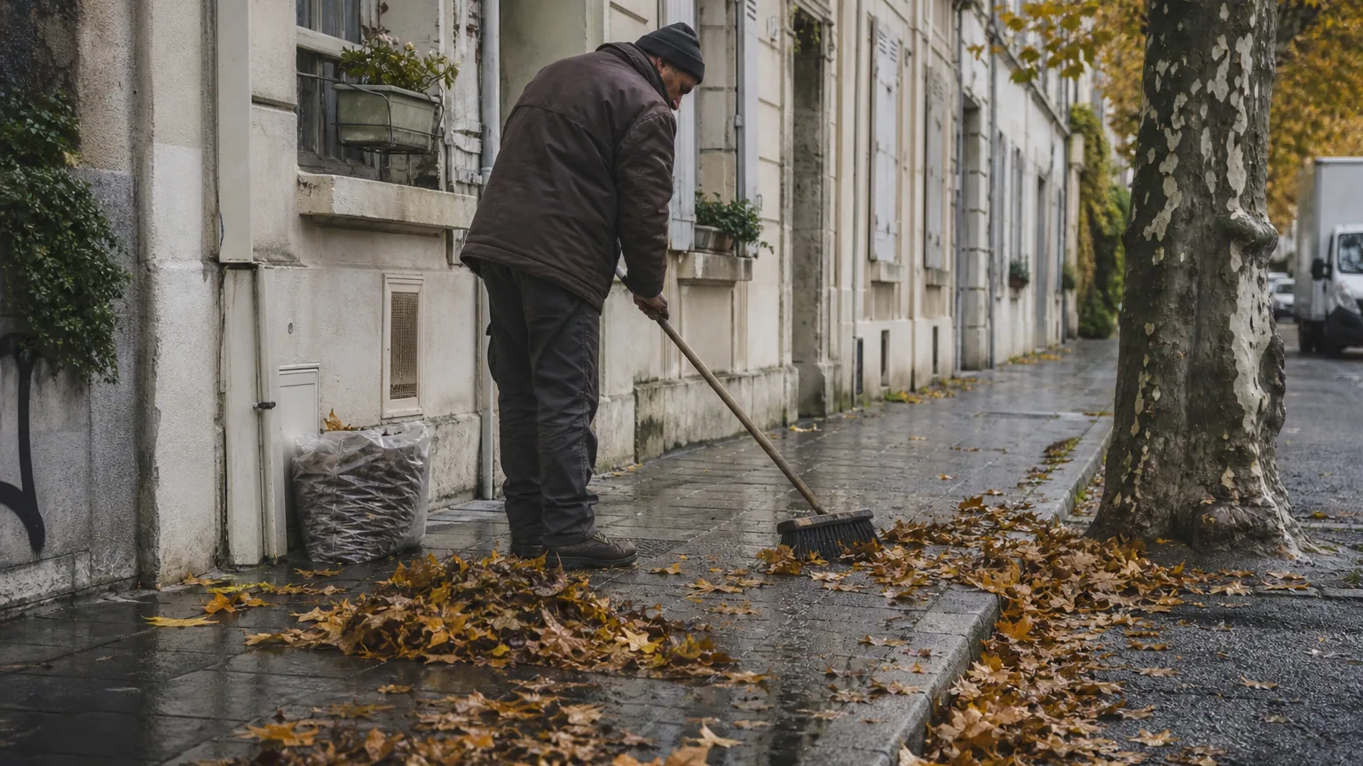 Habitant balayant un tapis de feuilles mortes mouillées sur le trottoir devant sa maison de ville, un matin d'automne.