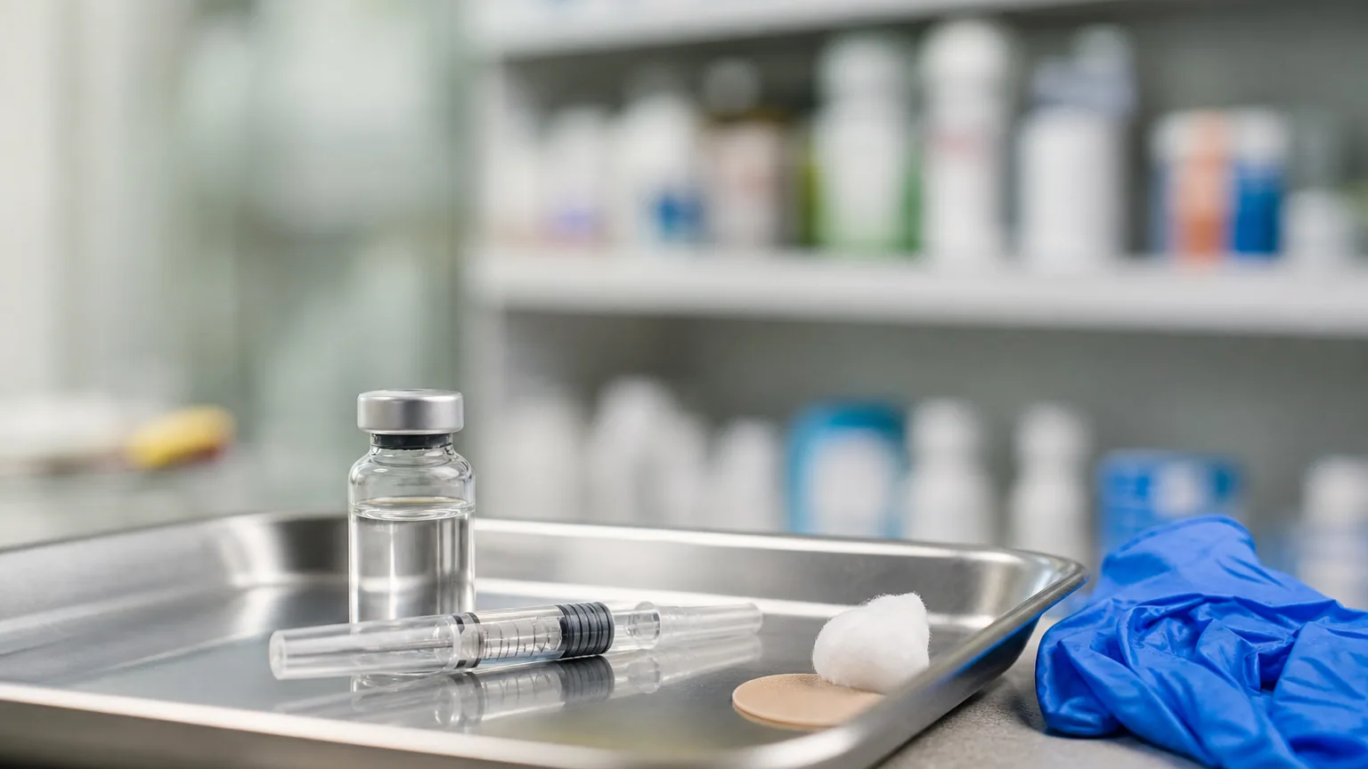 Seringue et flacon de vaccin posés sur un plateau dans un cabinet de pharmacie, avec un coton et un pansement prêts pour l'injection.