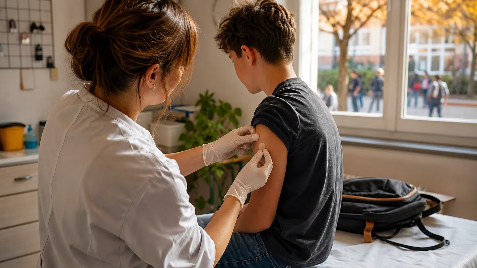 Infirmière appliquant un pansement sur le bras d'un collégien après une vaccination, dans l'infirmerie d'un établissement scolaire.