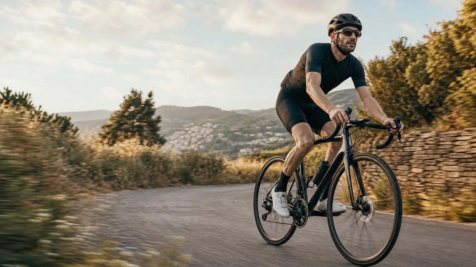 Vélo en mouvement sur une route de campagne, roues qui tournent, cycliste flou en arrière-plan, lumière naturelle d'après-midi.