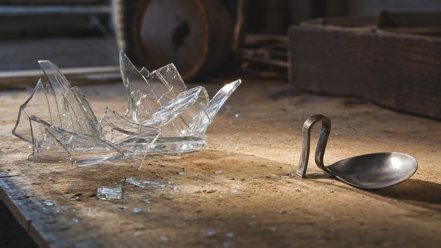 Un verre brisé en éclats nets et une cuillère métallique pliée posés côte à côte sur un établi en bois.