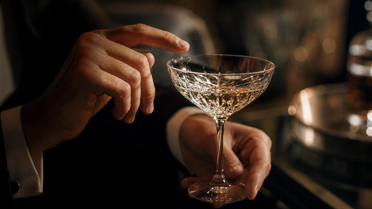 Verre en cristal fin tenu par le pied, lumière qui traverse le verre, doigt qui effleure le bord, arrière-plan flou d'intérieur élégant.