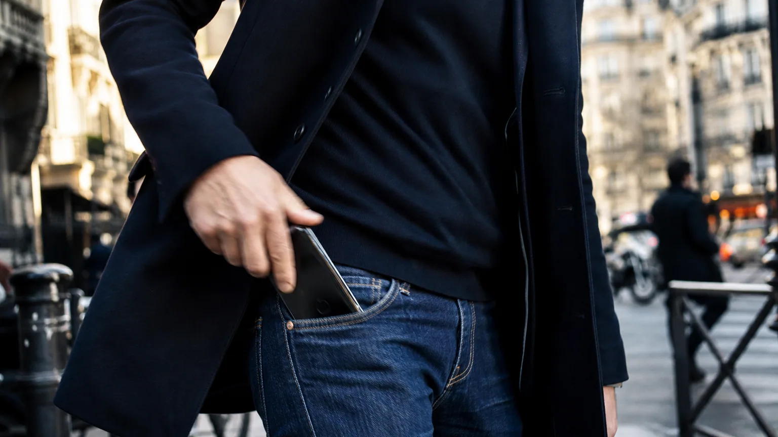 Personne qui sort son téléphone de la poche de son jean en marchant dans la rue, lumière naturelle d'après-midi, geste rapide et automatique.