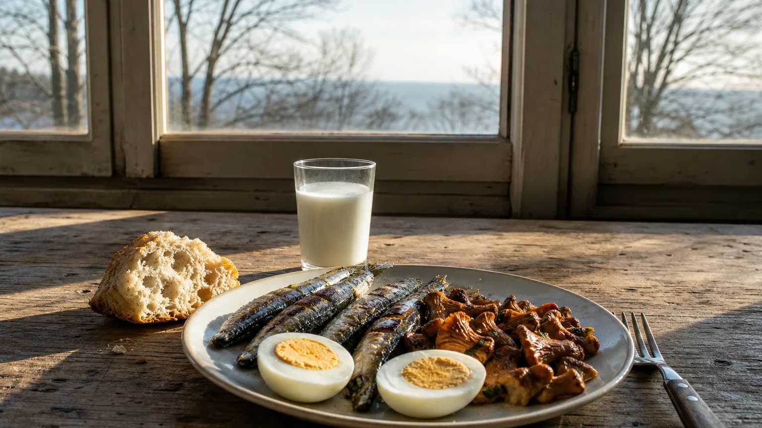 Assiette de sardines grillées, d'œufs durs coupés en deux et de champignons poêlés posée sur une table près d'une fenêtre ensoleillée en hiver.