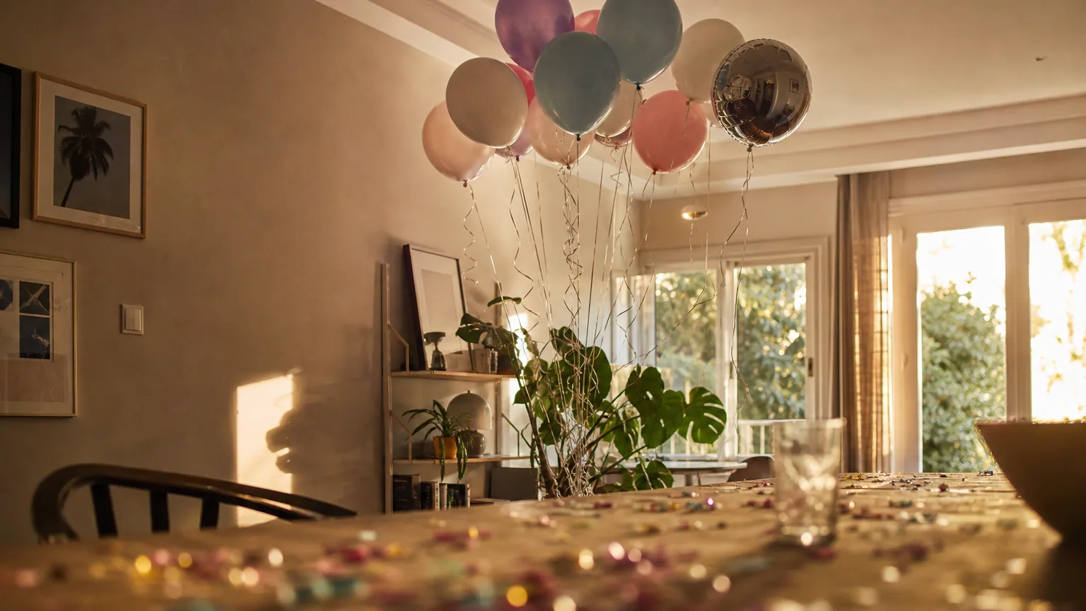 Grappe de ballons de fête gonflés à l'hélium flottant au-dessus d'une table couverte de confettis, dans un salon baigné de lumière de fin d'après-midi.
