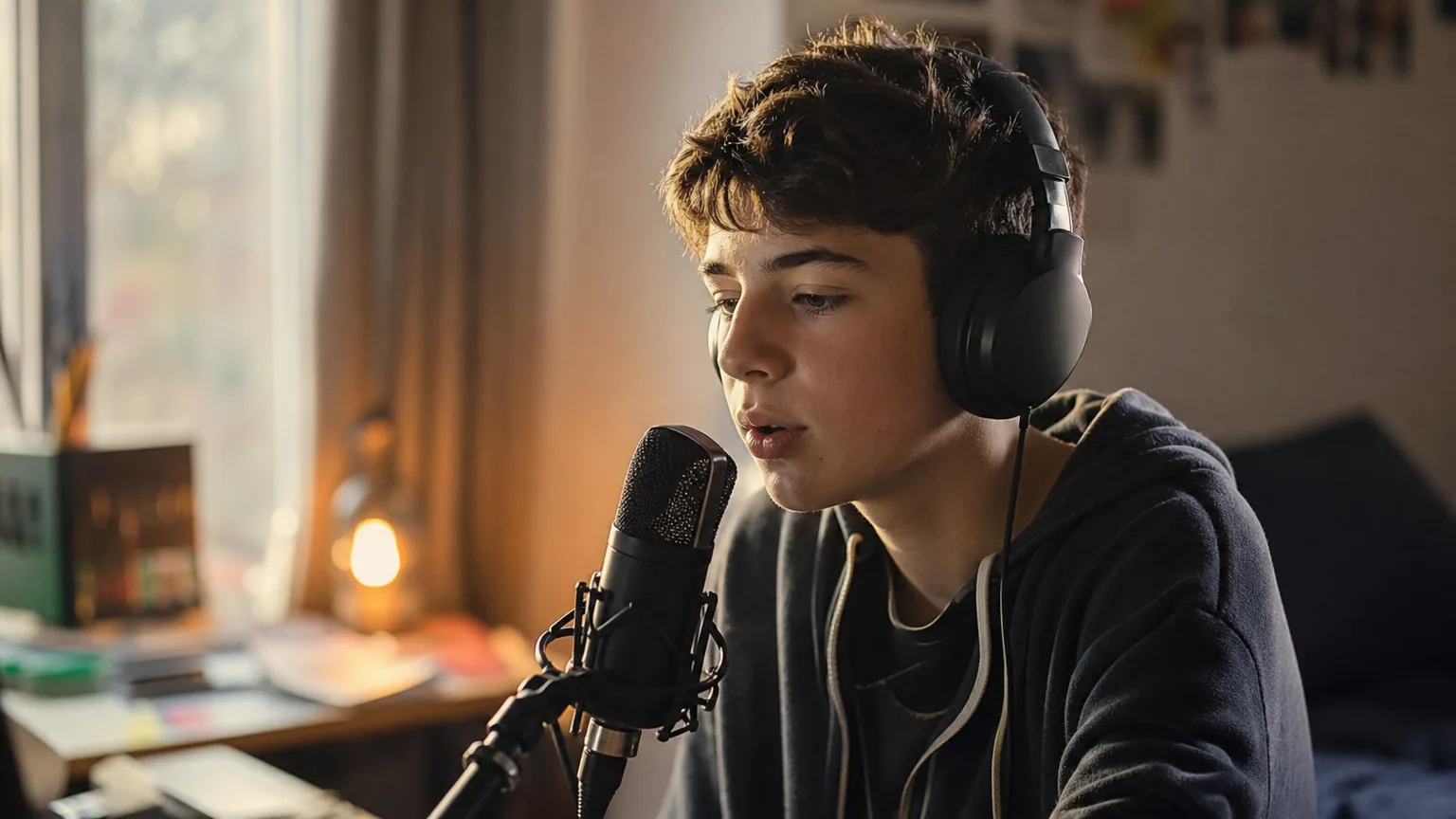 Adolescent qui chante ou parle devant un micro, expression concentrée, lumière naturelle douce.