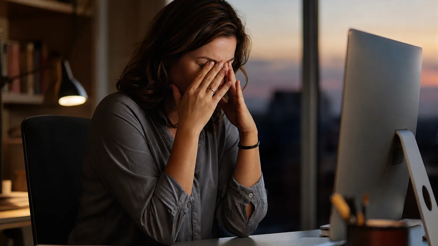 Personne qui se frotte les yeux devant un écran d'ordinateur en fin de journée, lumière de bureau, expression de fatigue oculaire.