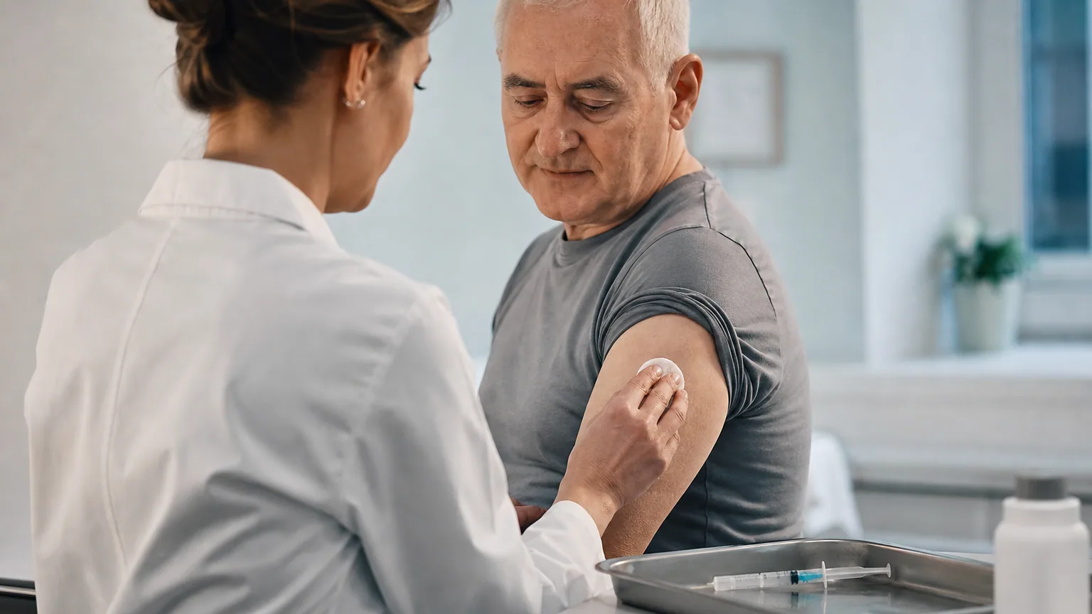 Médecin désinfectant le haut du bras d'un homme âgé avant une vaccination, une seringue posée sur un plateau, dans un cabinet médical lumineux.